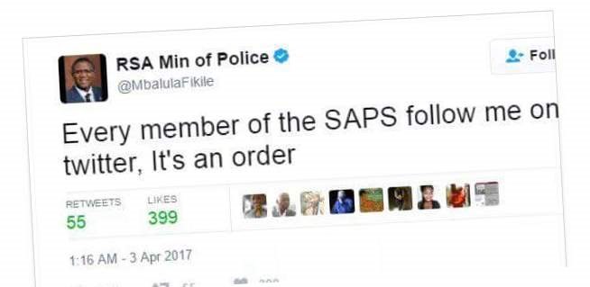 Minister Fikile Mbalula&#8217;s alleged tweet: ‘’Every member of the SAPS follow me on Twitter, it’s an order.’’, EntertainmentSA News South Africa