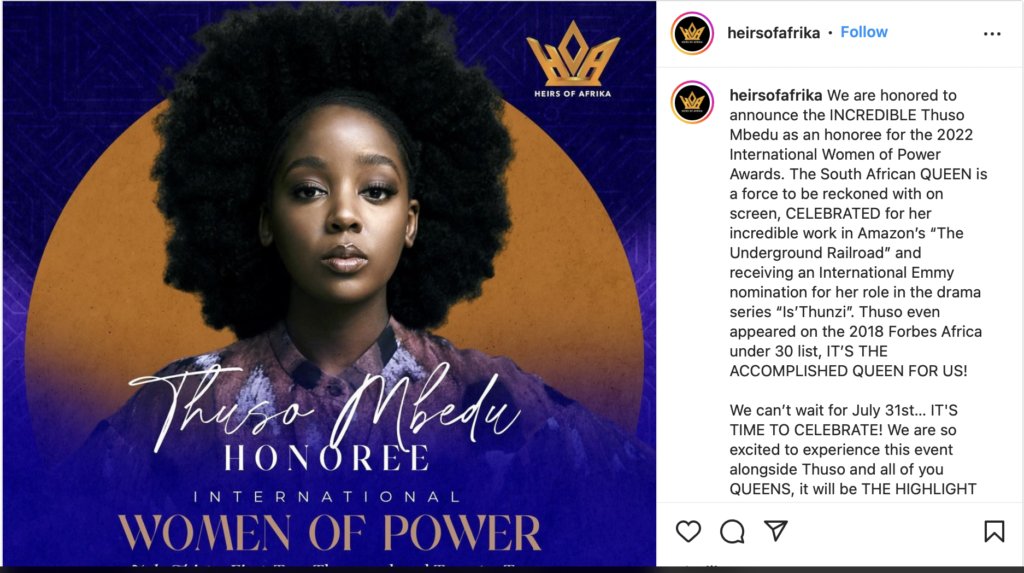 Thuso Mbedu to be honoured by the International Women of Power Awards 2022, EntertainmentSA News South Africa