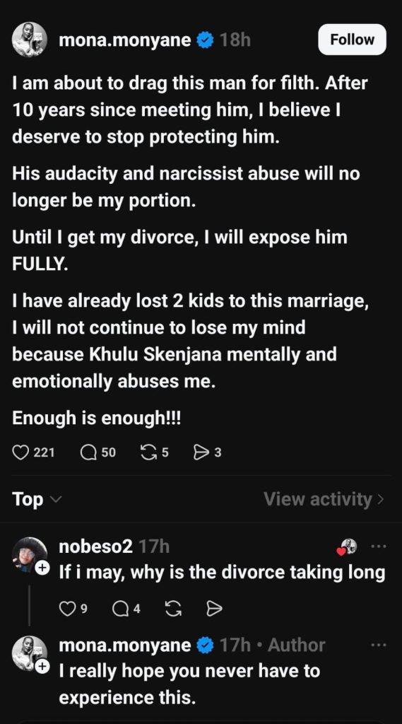 Mona Monyane Says She’s Done Protecting Ex Khulu Skenjana, EntertainmentSA News South Africa
